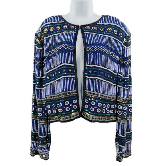 Vintage Blue Silk Beaded Jacket with Geometric Pattern | Niteline by Della Roufo - Picture 1 of 6